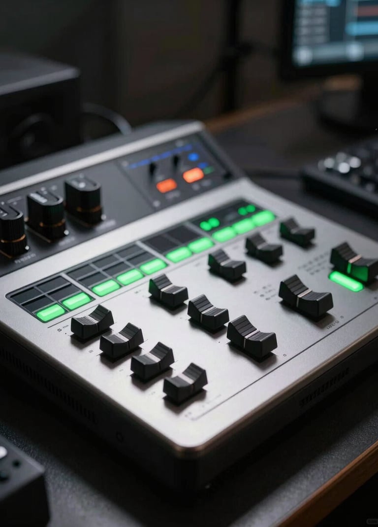 A close-up, cinematic shot of high-end video editing hardware on a dark desk. The lighting is low-key with sharp white and neon green highlights reflecting off metallic surfaces. South American professional studio setting.
