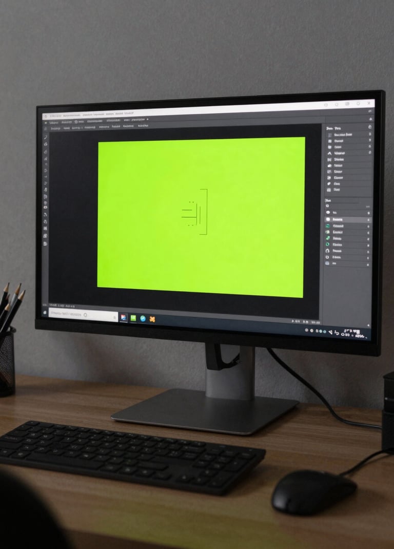 A desaturated photograph of a professional workspace. A large monitor displays a brand style guide with the accent color acid lime green visible on small active indicators. The atmosphere is calm and artistic.
