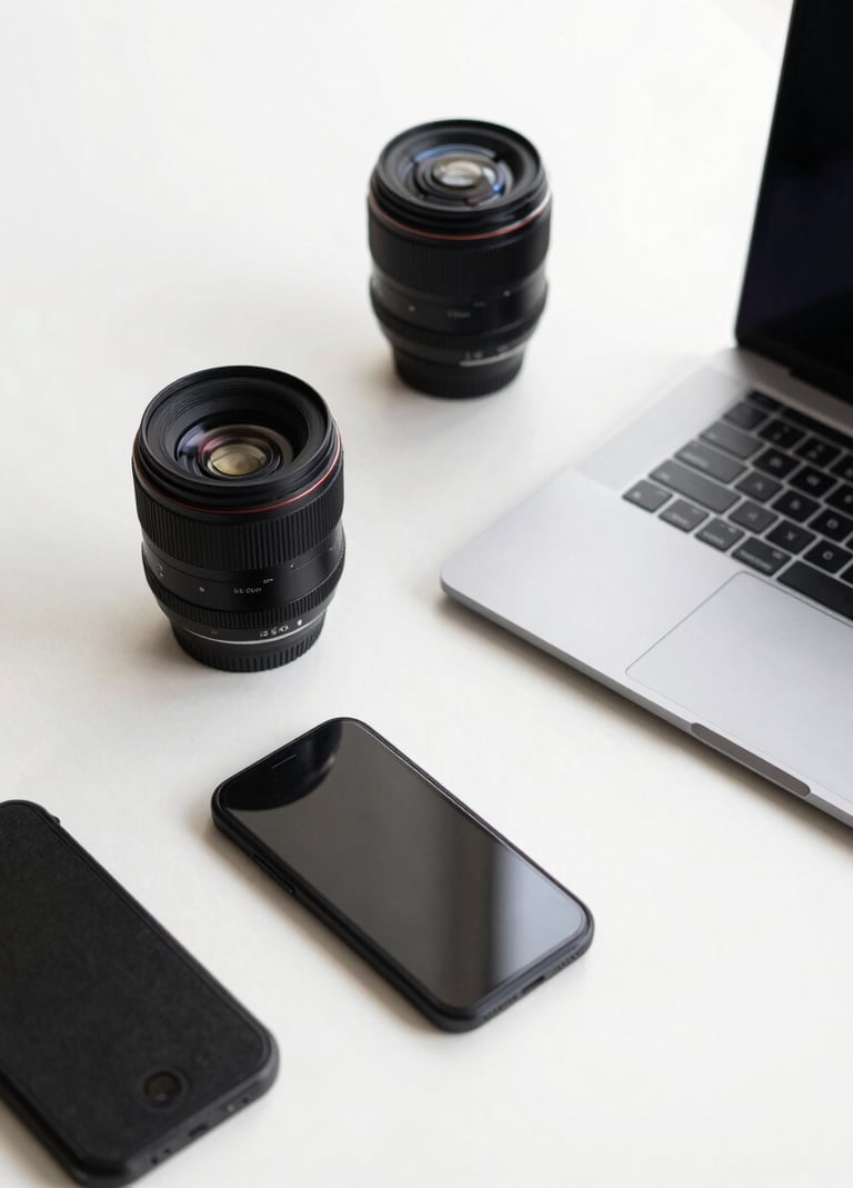 A minimalist and clean composition of modern lifestyle accessories and professional tech gadgets on a smooth off-white surface. The lighting is bright and airy, reflecting a sophisticated and modern brand aesthetic.