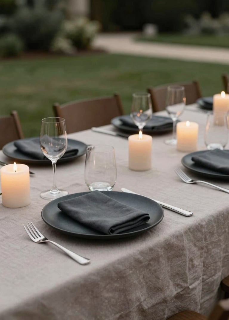 An elegant reception table setting in a North American / European garden. Muted taupe linens are paired with soft cream candles and minimalist charcoal black stationery, captured in natural evening light.