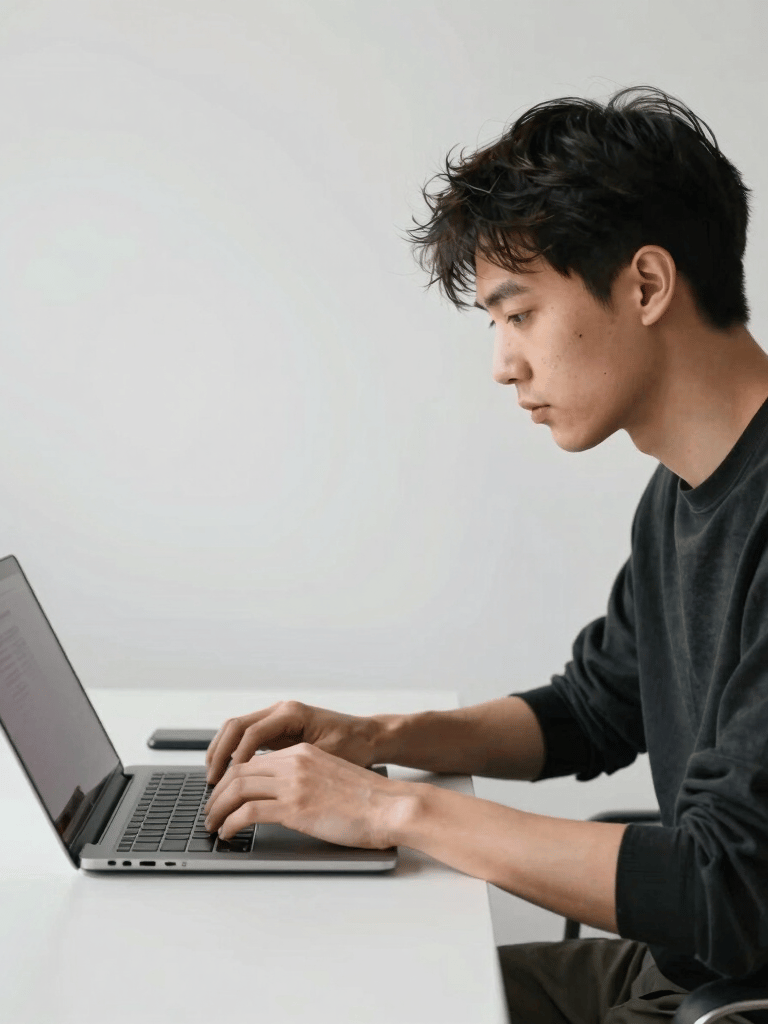 A candid lifestyle shot of a creative professional working in a minimalist studio environment. The background is a white wall with subtle textures. International / Professional. Colors: white, light grey, and black.