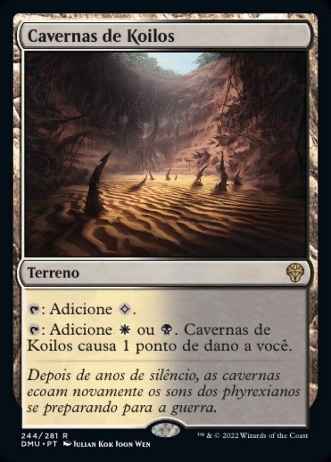 Magic: The Gathering Cavernas de Koilos rare land card from Dominaria United with Portuguese text.