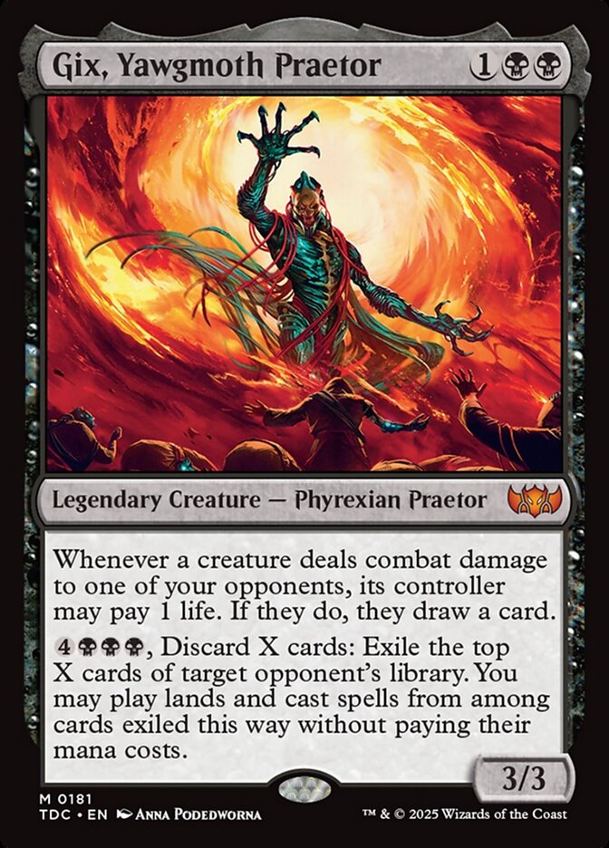 Gix, Yawgmoth Praetor Magic the Gathering card featuring a Phyrexian creature emerging from fire.