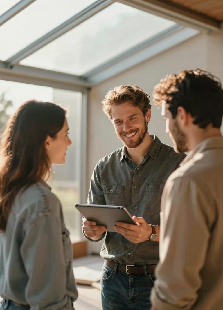 An authentic, candid shot of the architect technician in a friendly conversation with the homeowners on-site. They are looking at a tablet together, bathed in warm, cinematic sunlight filtering through the new glass roof.