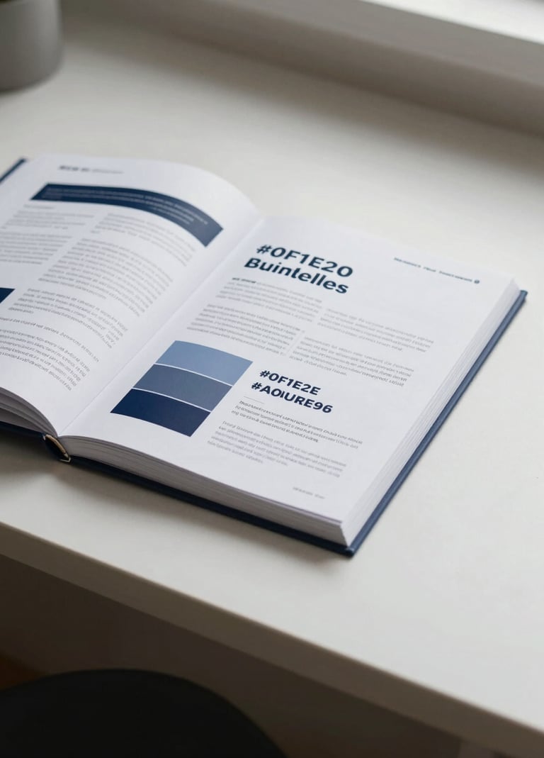 A meticulous brand guidelines manual lying open on a minimalist desk. The pages show typography rules and the brand palette of #0F1E2E and #A0A696. Soft natural light, professional photography style.