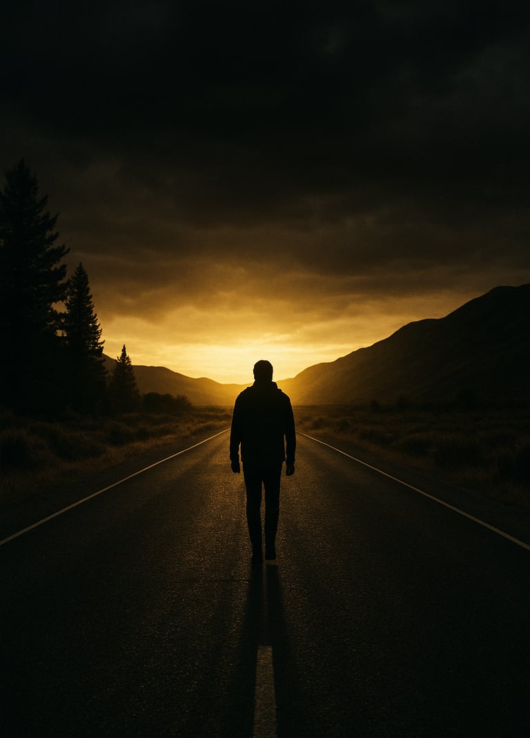 A high-contrast film poster design for a cinematic production featuring a lone figure walking toward an aspirational golden horizon in a North American landscape, minimalist composition with professional charcoal and gold tones.