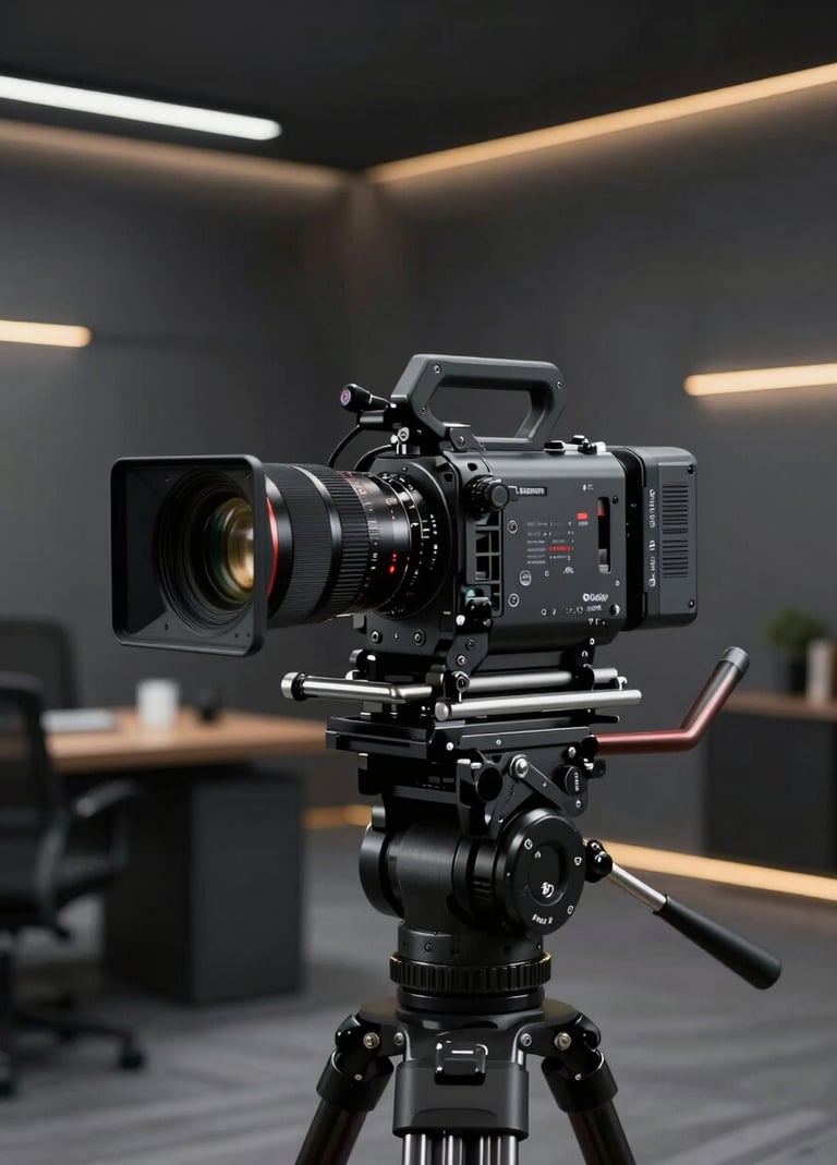 A high-end cinematic setup featuring a professional movie camera on a gimbal, positioned in a sleek, dark grey studio environment with subtle gold ambient lighting. The background is a sophisticated office space. Global / Western.