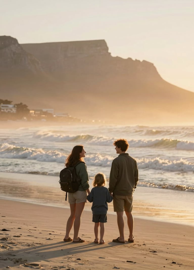 A joyful portrait of a family enjoying a sunset at a South African beach. The composition is wide, showing the expansive ocean and the warm, golden mist. The mood is adventurous and inviting.