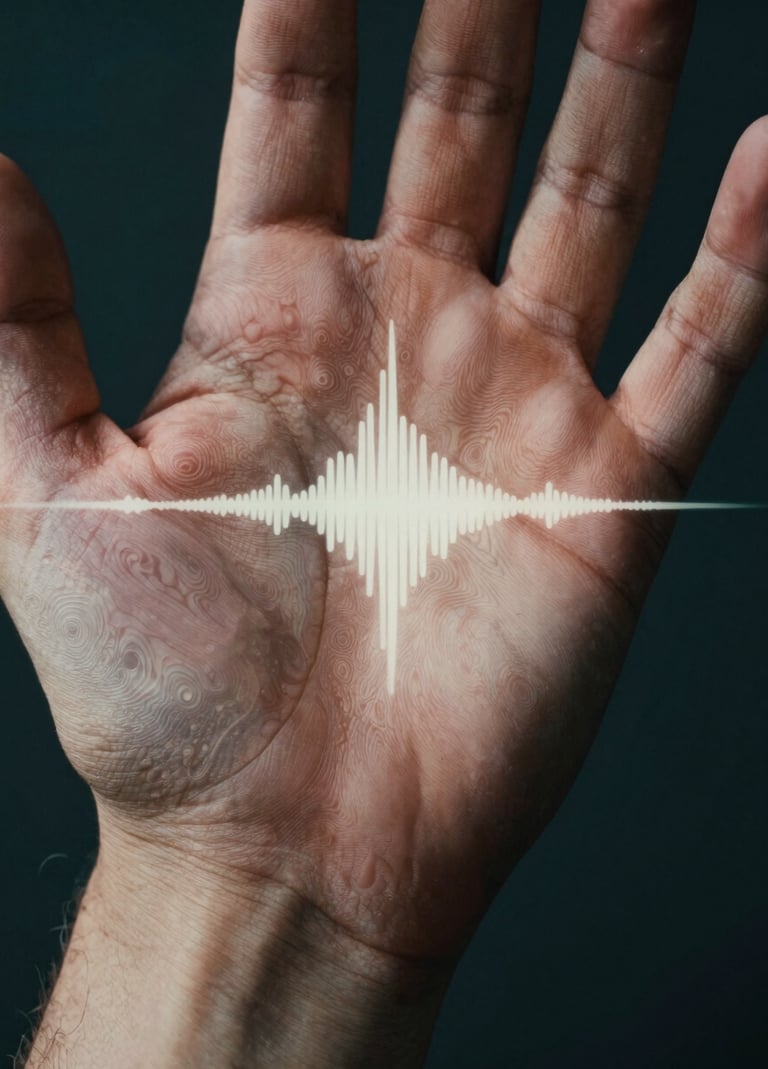 A zoomed-in, artistic photograph of a human palm where the skin texture resembles a topographical map. Overlaid with a soft off-white projection of a sound frequency wave. Lighting is dramatic with deep teal shadows and a high-contrast cinematic feel.
