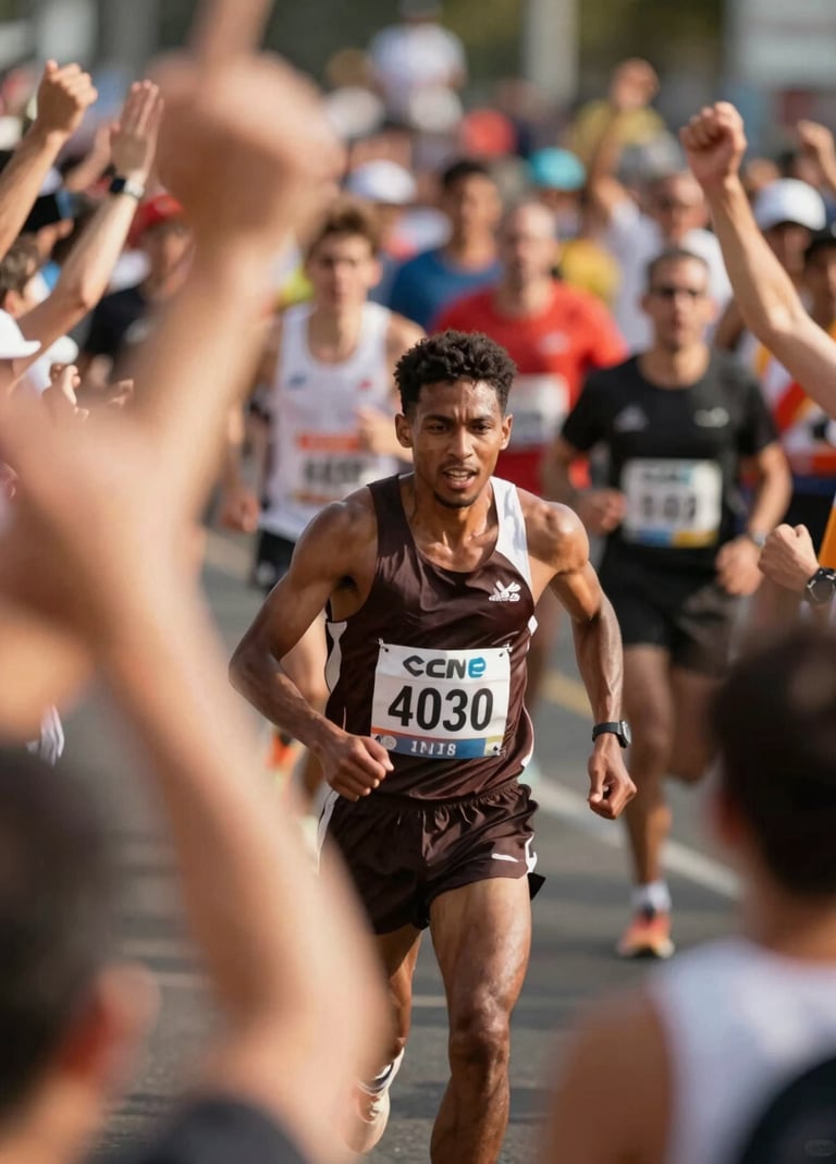 An action shot of a runner being cheered on by a crowd. The blurred motion of the hands in the foreground adds a sense of vibrancy and community. Professional lighting highlighting the athlete against #403B3B tones.