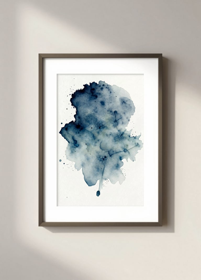 An elegant, minimalist shot of the finished watercolor artwork framed in a slim #362C27 frame, hanging on a clean #F5F2EF wall under soft afternoon light.