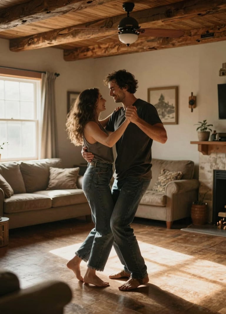 A cinematic lifestyle shot of a couple dancing in a rustic North American living room. The room is filled with warm, sun-drenched light. The vibe is intimate, authentic, and joyful with a charcoal color contrast.