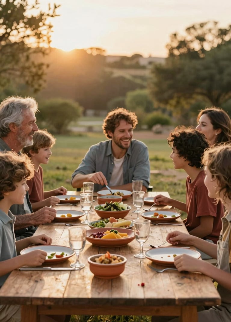 A cinematic lifestyle shot of a North American family sharing a meal outdoors during golden hour, the table is set with Terracotta colored ceramics, warm sun-drenched atmosphere, authentic laughter and candid movement.