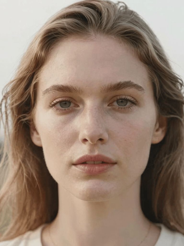 A close-up portrait of a woman with a natural, serene expression, outdoors in North American / US (West Michigan). Soft, diffused natural light, light and airy color palette of off-white and tan tones.