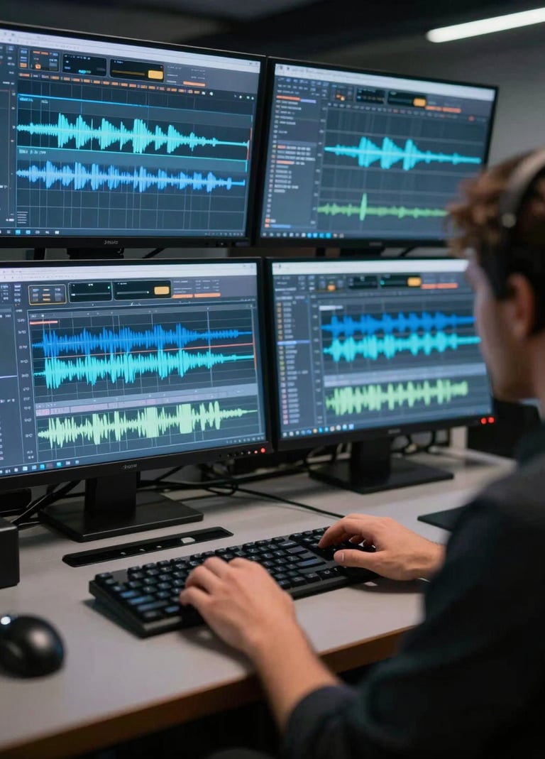 Photography of a sound editor working on a digital audio workstation with dual screens displaying waveforms, Slate Blue ambient lighting.