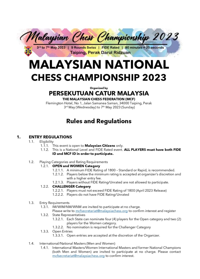 Malaysian Chess Championship 2023. Chess Malaysia. Catur Malaysia. Malaysian Chess Federation