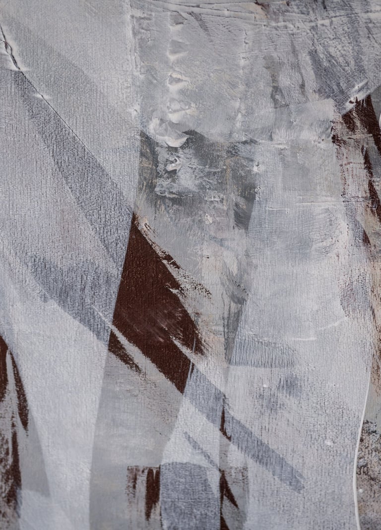 Abstract painting with textured white and grey brushstrokes over a dark brown background.