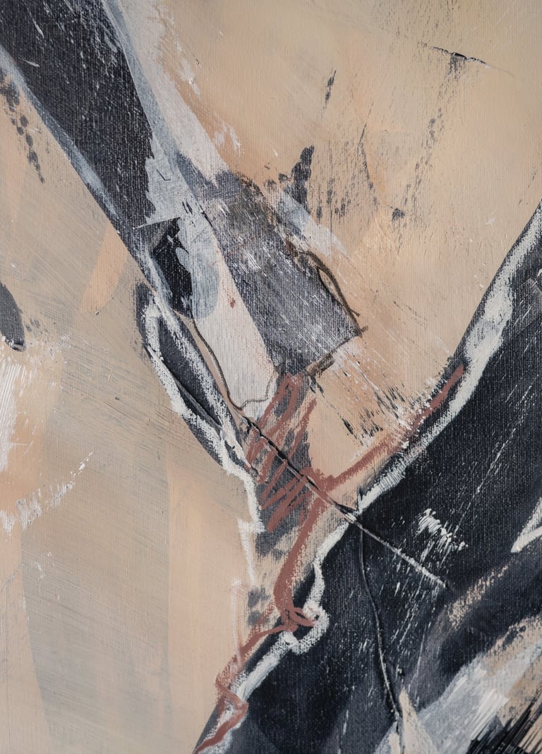 Abstract expressionist painting with bold black and white brushstrokes on a beige canvas texture.