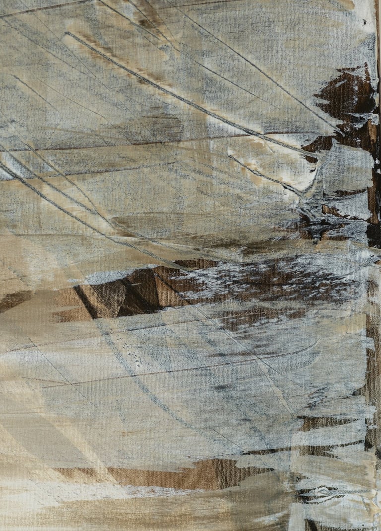 Close-up of a contemporary abstract painting featuring textured brushstrokes in neutral tones of beige, white, and dark