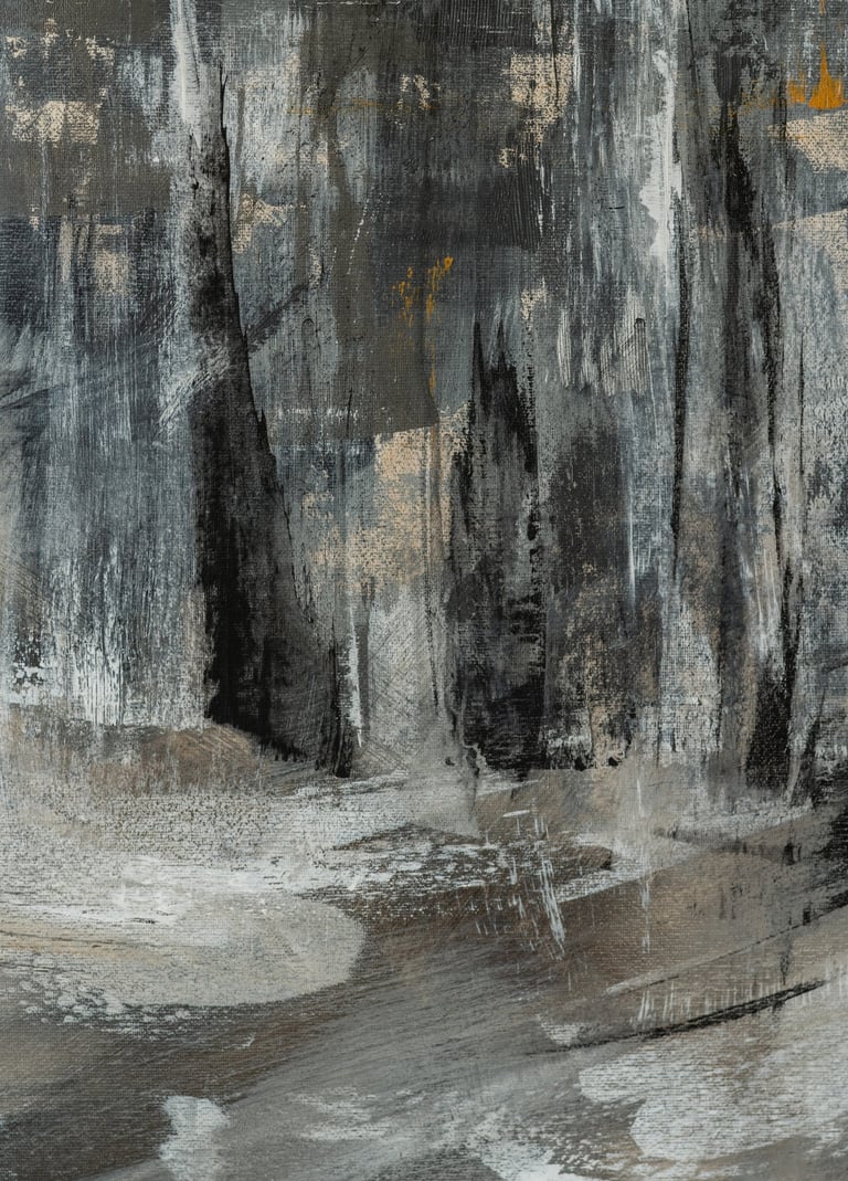Abstract acrylic painting with textured grey, black, and white brushstrokes and gold leaf accents.