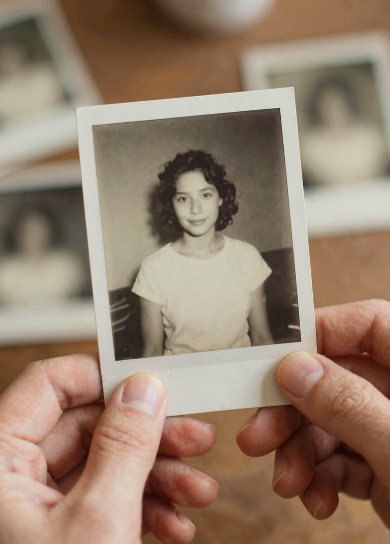 Intimate, grainy film shot of hands holding an old, faded photograph. Soft lighting, warm muted tones of #D1B499 and #F8F3EC, focusing on the texture of the paper and skin.