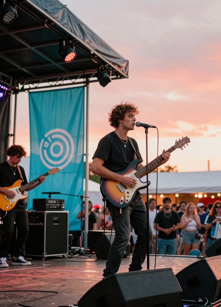 A high-energy live performance at an International / English-speaking outdoor festival. The sun is setting, casting vibrant coral light over the stage where the artist is playing. A bright turquoise banner with a logo hangs in the background.