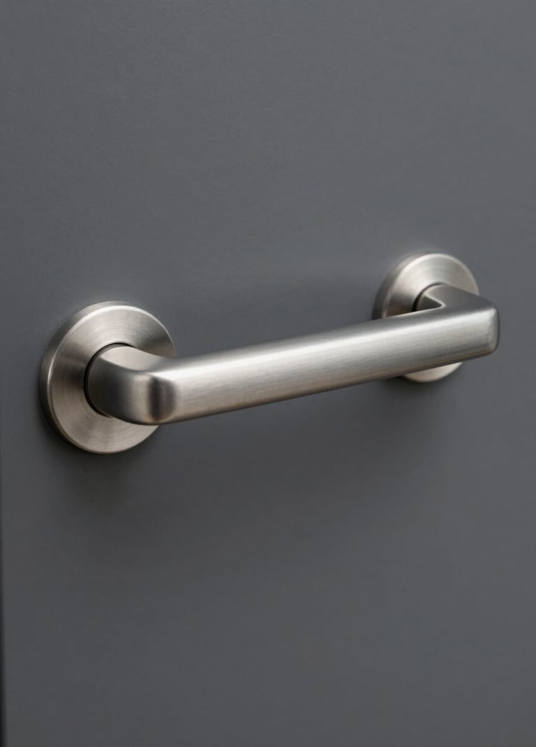 A close-up detail shot of a sleek silver metal door handle on a matte dark gray surface. The lighting is crisp and professional, highlighting the metallic texture and clean lines typical of Northern European industrial design. Minimalist and sharp composition.