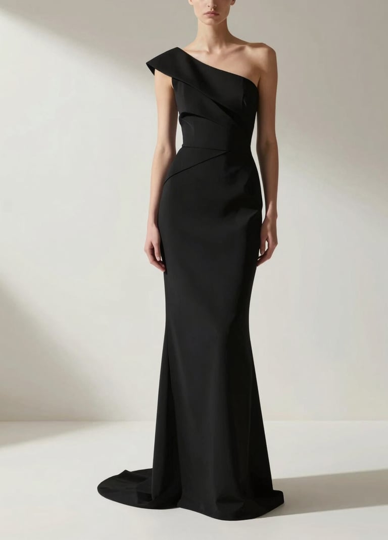 A high-end fashion editorial shot featuring a minimalist black gown with architectural lines. The lighting is dramatic, creating sharp shadows against an off-white #F8F8F8 background. Sophisticated and artistic composition.