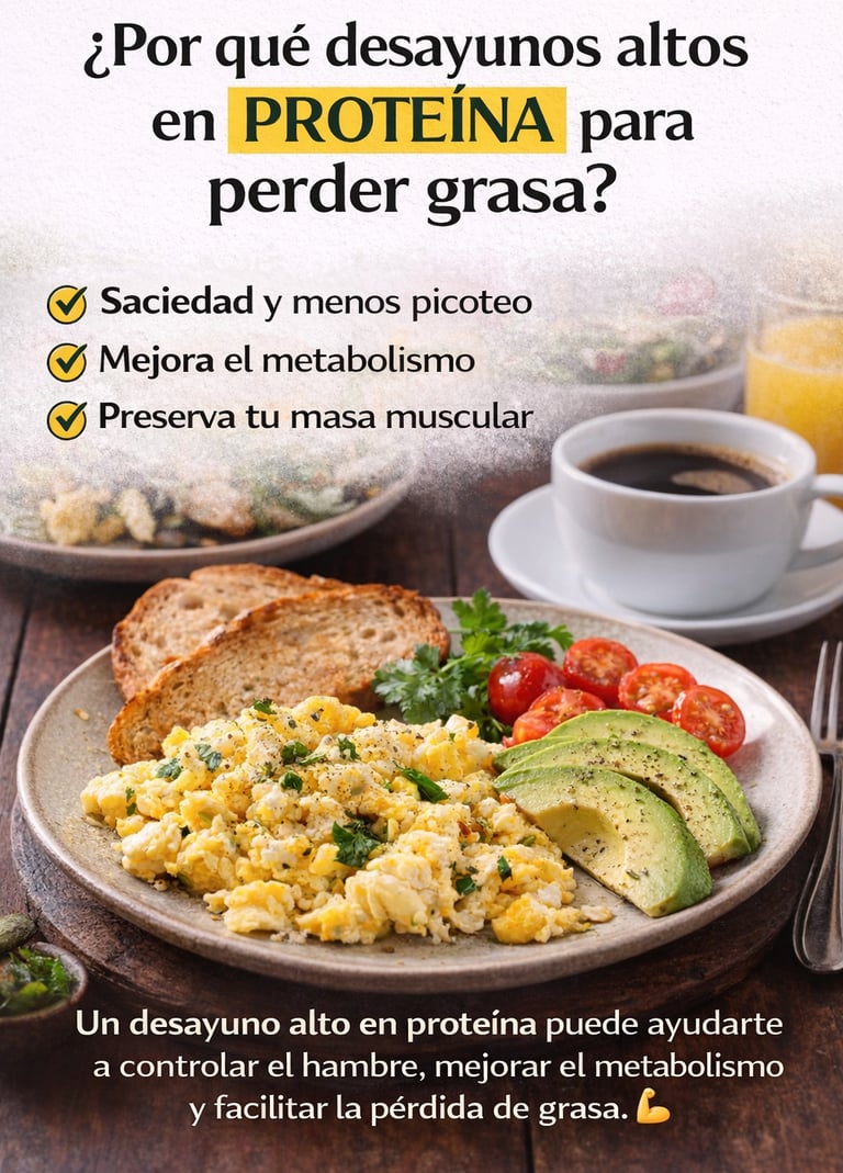 Desayuno alto en proteína con huevos revueltos, aguacate y tostada integral que ayuda a mejorar la s