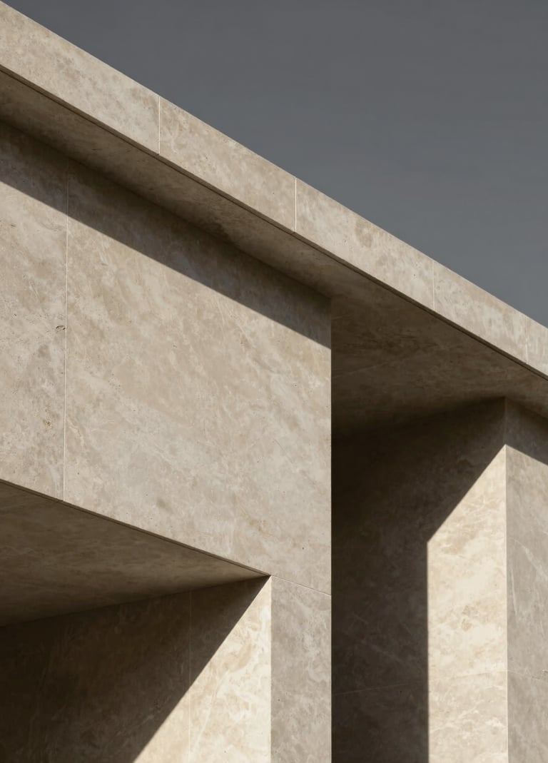 Architectural detail shot with very hard light, creating sharp lines and deep shadows. Minimalist and artistic. The stone texture is in #D5BFB3 sand tones, with the sky or shadow area in charcoal #363131. Elegant and sophisticated.
