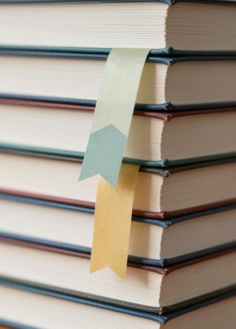 A detailed shot of a stack of books with several colorful ribbons and artistic bookmarks sticking out. The focus is sharp on the texture of the paper and the rich colors of the bookmarks which include the palette #7A9E9F and #D4B281.