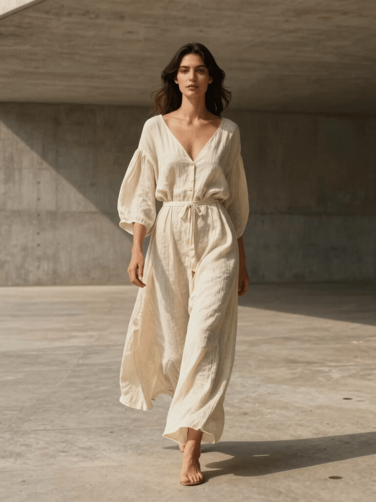 A poetic high-fashion photograph of a woman walking through an open-air modernist concrete gallery in Brazil. Soft, warm sunlight, clean lines, minimalist composition with emphasis on the elegant drape of a cream linen dress, editorial style.