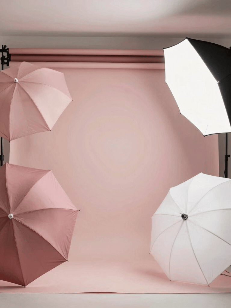 A high-end professional photography studio setup in the Middle East, featuring soft lighting umbrellas, feminine decor in dusty rose and light pinkish white, and a clean, luxurious backdrop for fashion portraits.