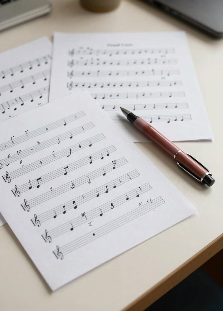A collection of handwritten musical scores and lyrics on a Soft Pearl Beige desk in a North American / US home office. A Muted Rosewood ink pen rests on the paper, symbolizing the intimate process of songwriting.