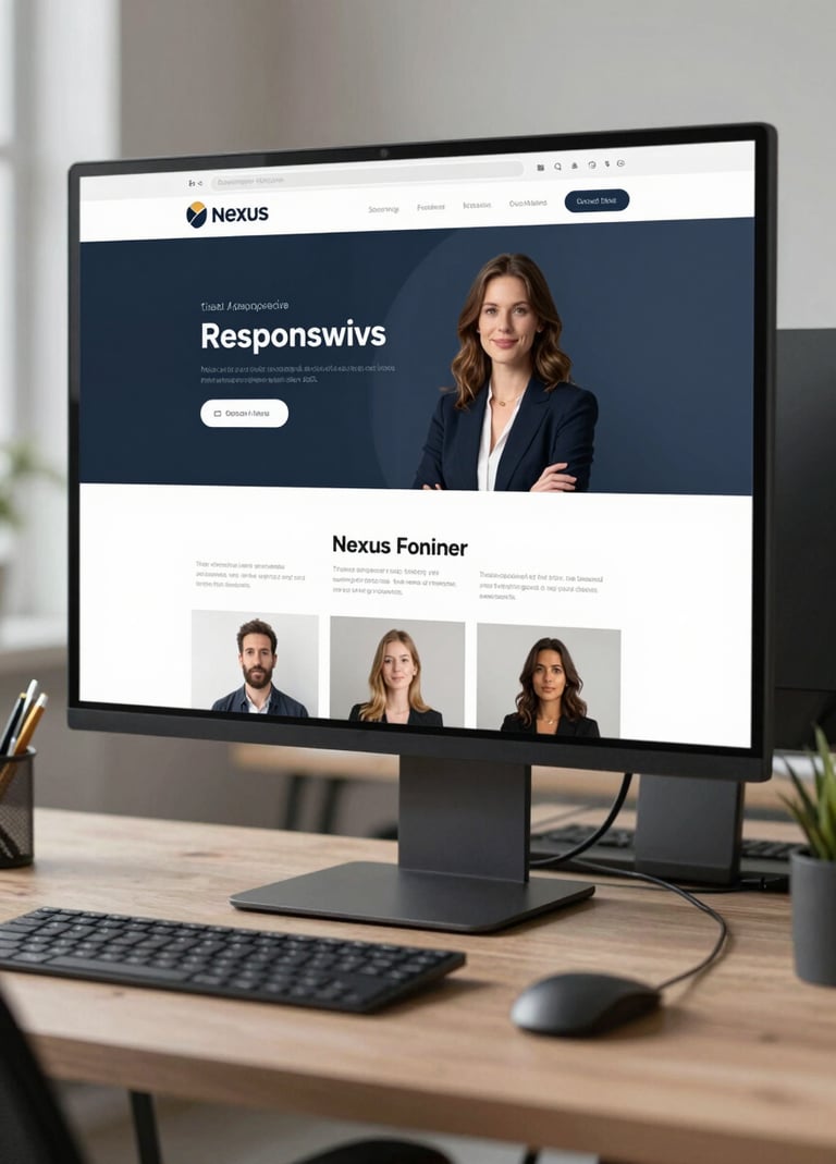 A modern workspace with a large monitor displaying the final responsive website for Nexus, showcasing a professional and trustworthy aesthetic with minimalist layout.