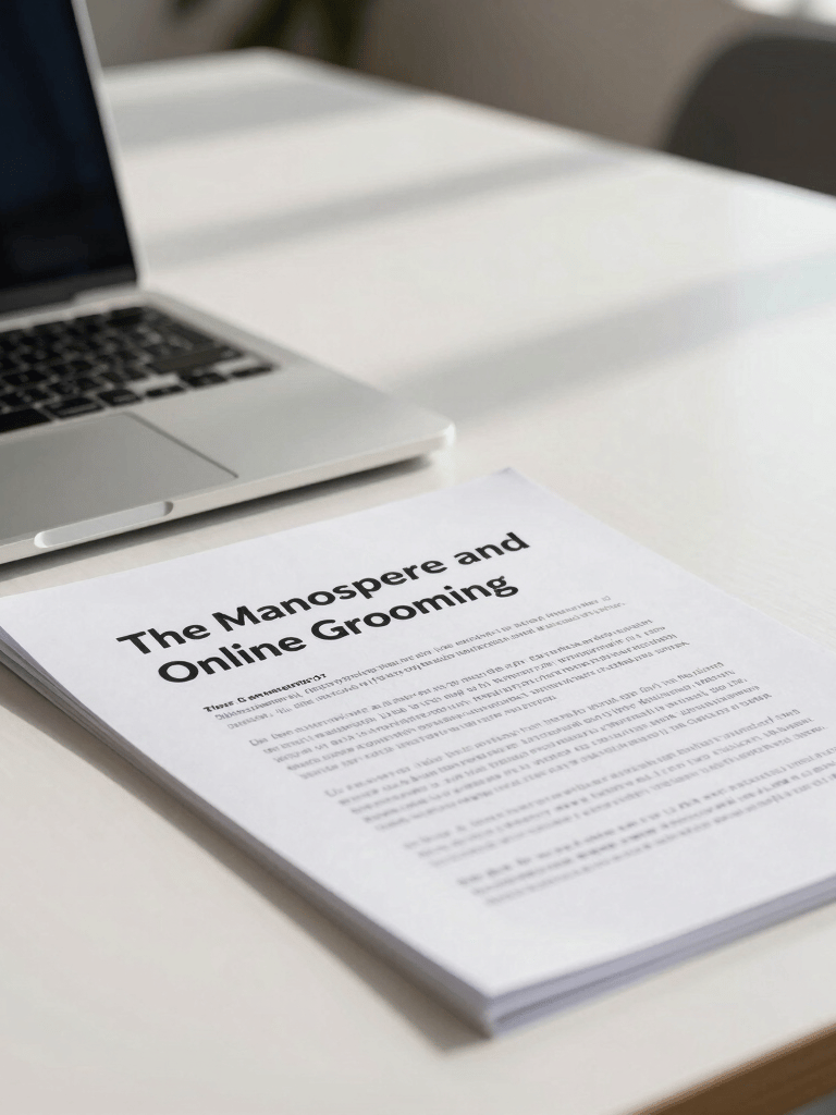 A close-up shot of a printed academic research paper titled 'The Manosphere and Online Grooming' resting on a minimalist white oak conference table next to a sleek aluminum laptop in a professional workspace in Mexico City, under sharp morning light.