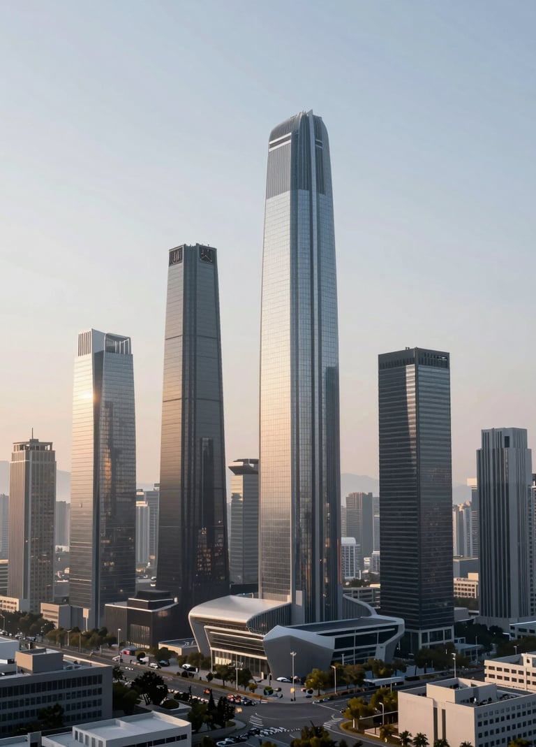 A high-detail 3D render of a digital landscape featuring futuristic architecture inspired by modern North American / US skyscrapers, using soft sunset lighting with slate gray shadows and soft pearl white highlights.