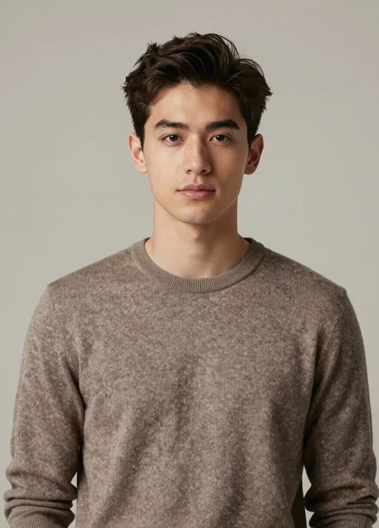 A sophisticated studio portrait of a young man for a senior session. He is wearing a sweater in #6A5F60. The lighting is soft and professional, creating a timeless and confident look. Elegant composition with a neutral background.