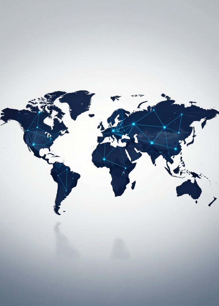 A sophisticated digital visualization of global network connections over a darkened world map, featuring professional deep blues (#1A2C38) and subtle highlights in light blue (#A9C5D0). The lighting is cinematic and refined, suggesting complex geopolitical data.