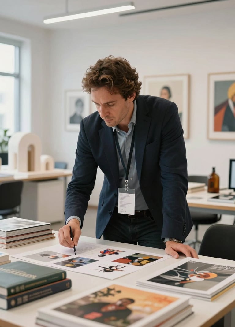 A sophisticated curator and an artist discussing a portfolio in a bright, modern International / Global Art Scene office with large art books and architectural models in the background.