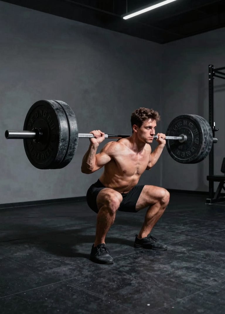 A male model performing a heavy barbell lift in a minimalist studio, dramatic top-down lighting creating sharp shadows, charcoal black floor, crisp frost highlights on the steel equipment, high contrast.
