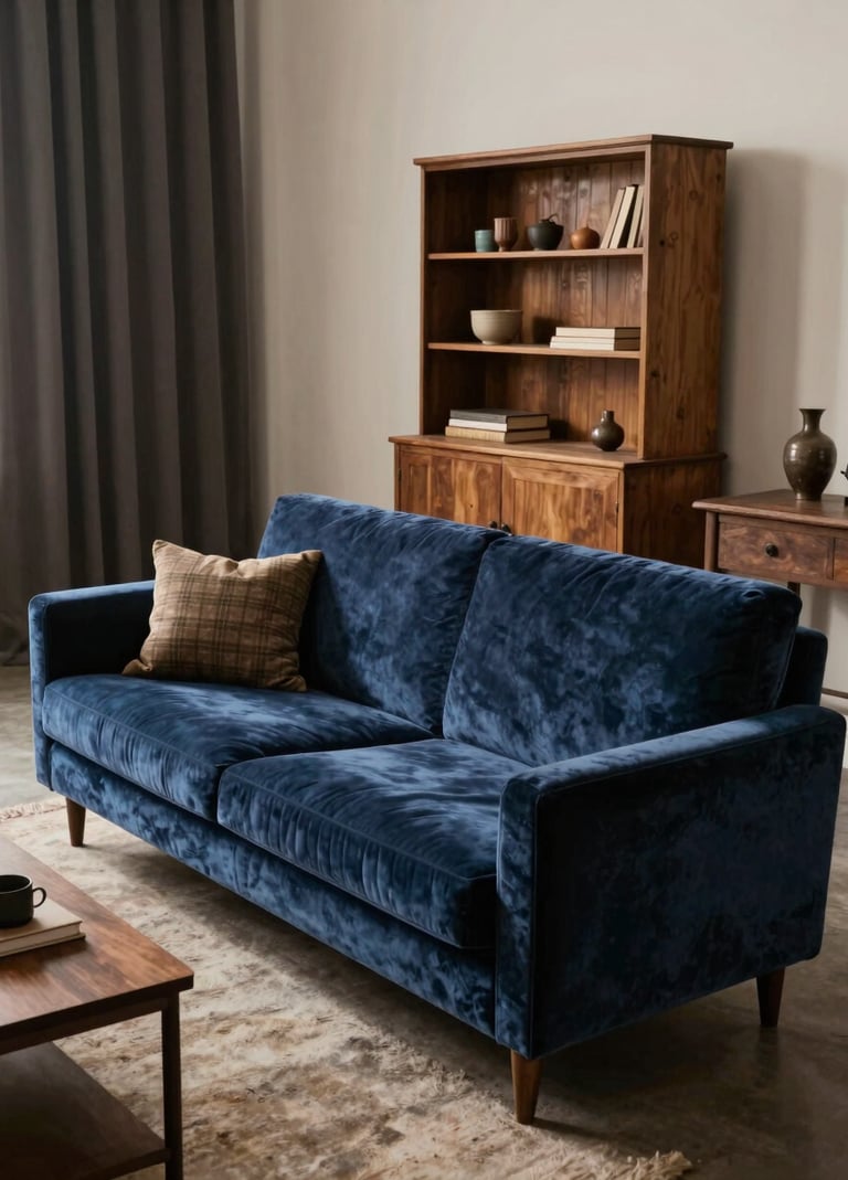 Une photographie de plateau de cinéma montrant les coulisses d'un décor sophistiqué, Western European / French, lumières de studio tamisées, mélange de mobilier moderne et de textures de velours bleu sourd, atmosphère créative et ordonnée.