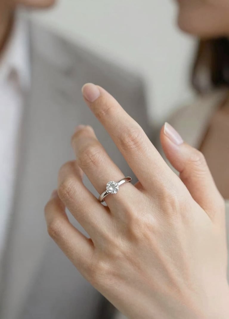A close-up, artistic shot of a couple's interlaced fingers with a focus on an elegant engagement ring. The lighting is soft and golden, with a contemporary flair and a palette featuring #CFC7BB and #F7F5F0. Authentic and intimate atmosphere.