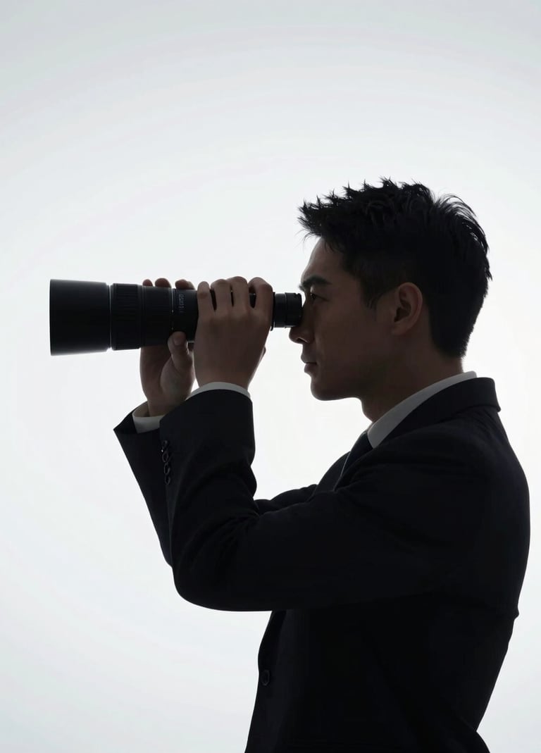 Minimalist portrait of a director looking through a viewfinder, silhouetted against a bright, soft-lit background. The style is artistic and premium, emphasizing visual storytelling and refined elegance.