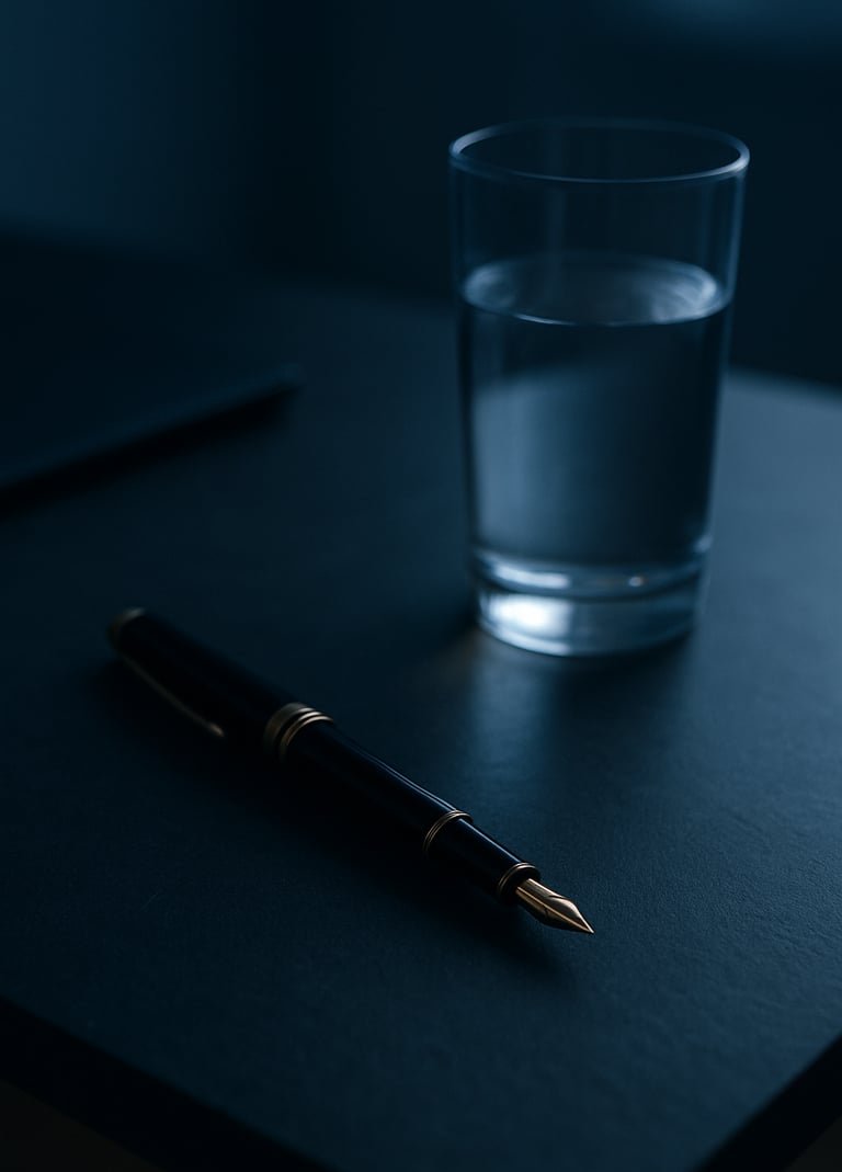 A close-up photograph of a minimalist desk setup in a South American / Brazilian home office. A high-end fountain pen and a glass of water rest on a dark stone surface, illuminated by soft navy blue ambient light, conveying focus and sophistication.