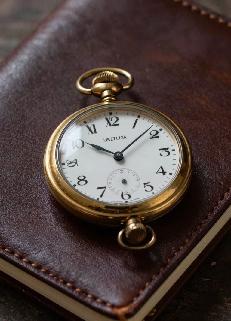 A still life photograph of an antique gold pocket watch resting on a leather-bound notebook. The scene is lit with a low, dramatic light that emphasizes the polished metal and the texture of the dark espresso leather. Serious and timeless.