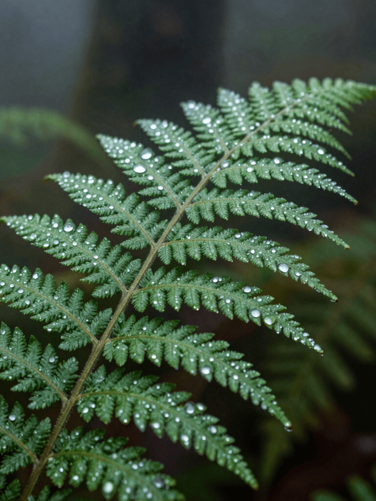 A macro photography shot of a delicate dew-covered fern leaf in a misty North American temperate rainforest, highlighting intricate textures and fresh light against a dark green background.