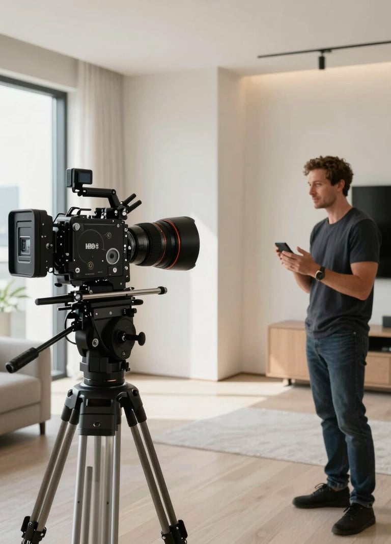 A polished production still of an interview setup in a modern North American / US penthouse, featuring soft off-white lighting and high-end cinematic equipment, styled for a premium network like HBO.
