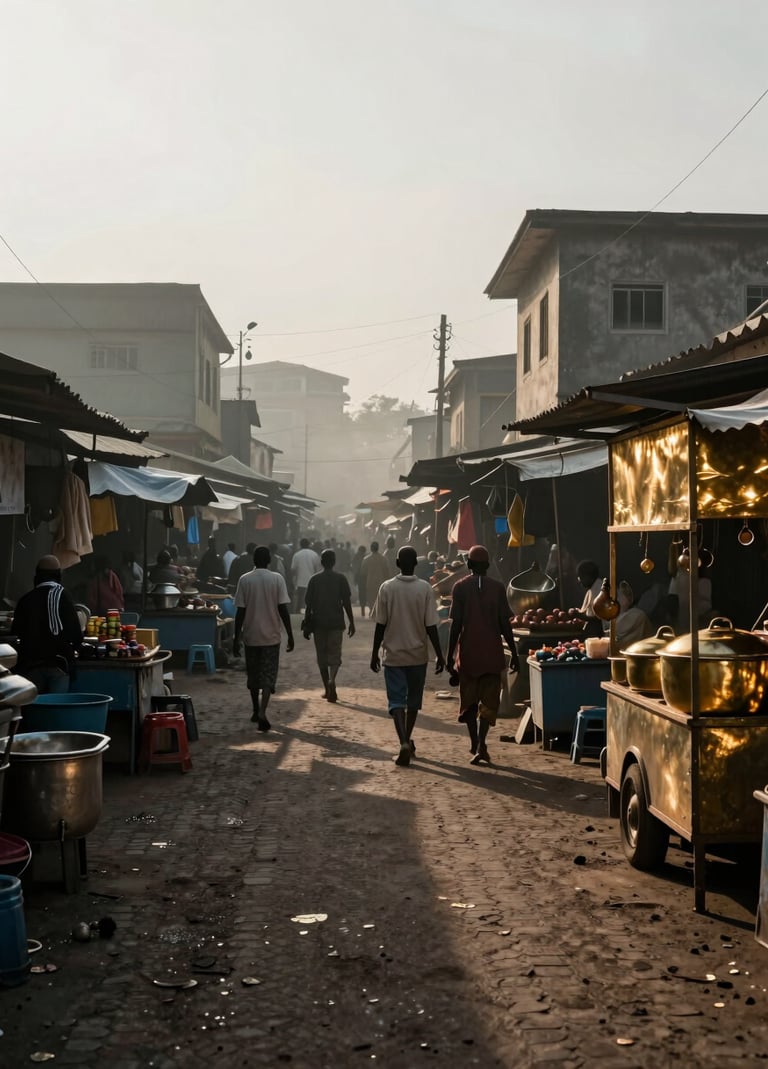 Cinematic documentary photography of a vibrant street market in a Angolana city, soft misty white morning light, deep obsidian black shadows in the alleyways, antique burnished gold sunlight reflecting off metal surfaces.