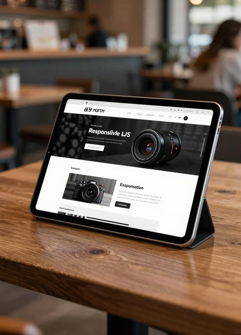 A tablet resting on a wooden table in a busy North American / US cafe, screen showing a responsive web design with bold black and white elements, shallow depth of field.